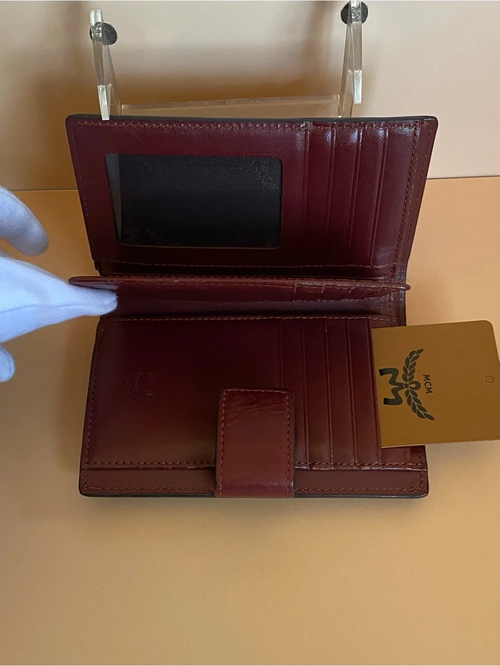 MCM Two-Tone Trifold Leather Continental Wallet in Burgundy and Cognac Brown
